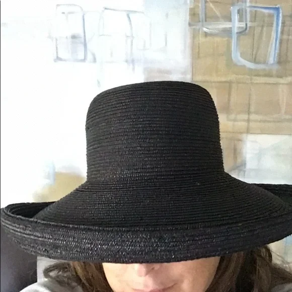 Vintage 100% Italian Black Straw Wide Brim Hat - Picture 2 of 13